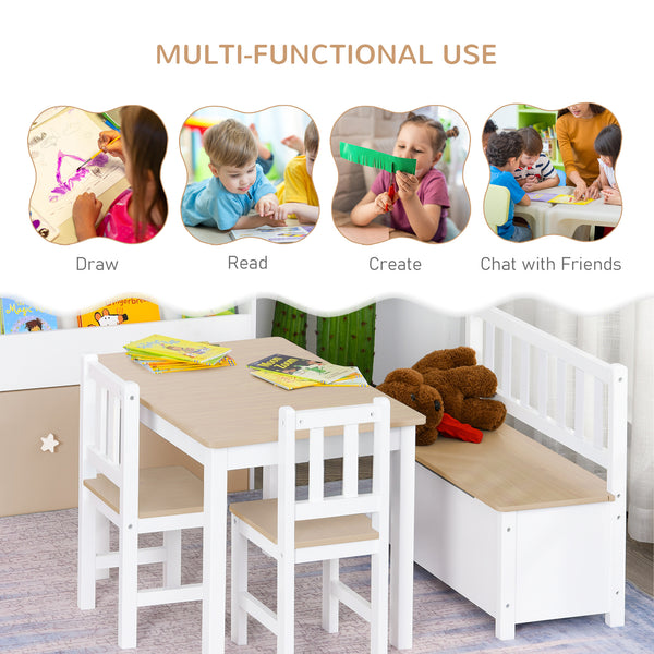 4 Piece Kids Set, Table, Chair, Wooden Bench, Natural and White