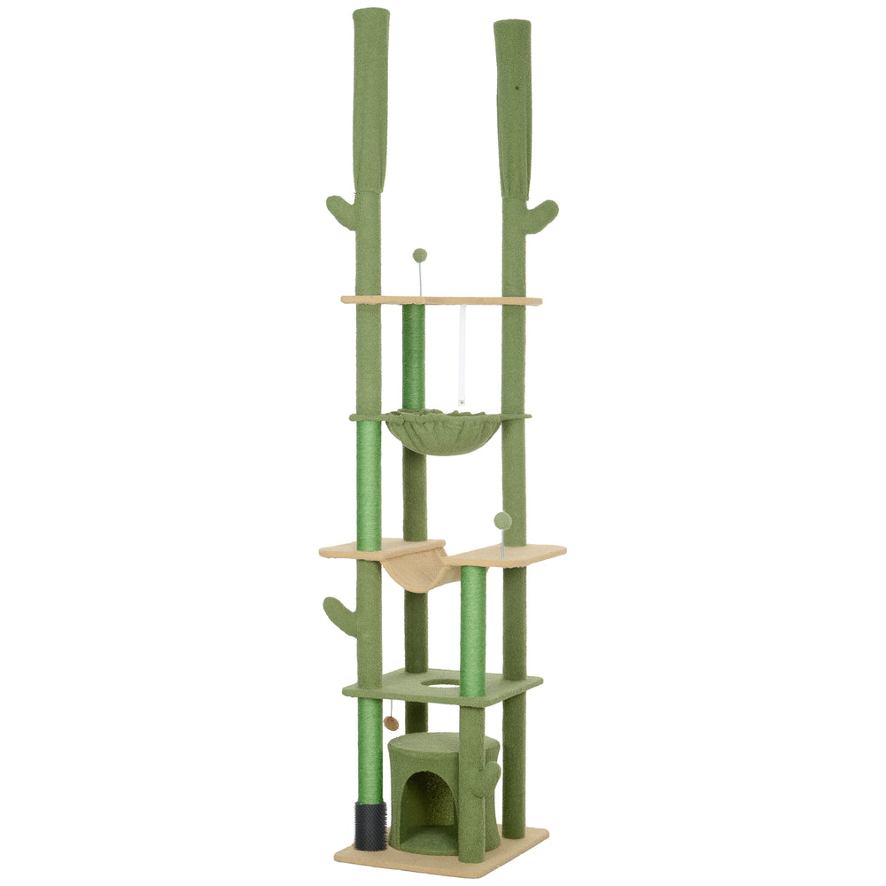 Cat tree 226-254 cm, ceiling height with scratching posts, grooming brush and niche, green