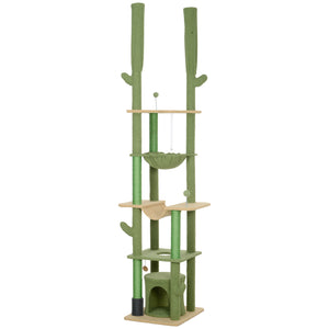 Cat tree 226-254 cm, ceiling height with scratching posts, grooming brush and niche, green
