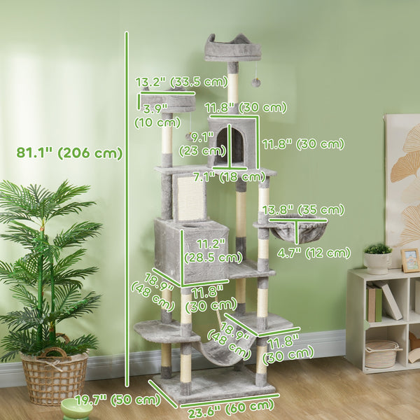 Large 205cm Cat Tree with Scratching Posts, Cabins, Beds, Hammocks, Light Grey