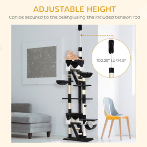 Adjustable cat tree from 240 to 250 cm, ceiling height, scratching post, activity center, dark gray