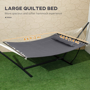 Outsunny 2 Person Hammock, Quilted Double Hammock with Stand, Pillow and Spreader Bars, for Outdoor Camping, Beach, Dark Grey 