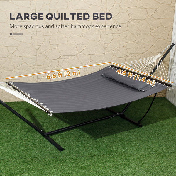 Outsunny 2 Person Hammock, Quilted Double Hammock with Stand, Pillow and Spreader Bars, for Outdoor Camping, Beach, Dark Grey 