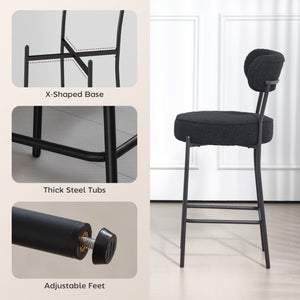 Set of 2 upholstered bar stools with backrest and footrest, black