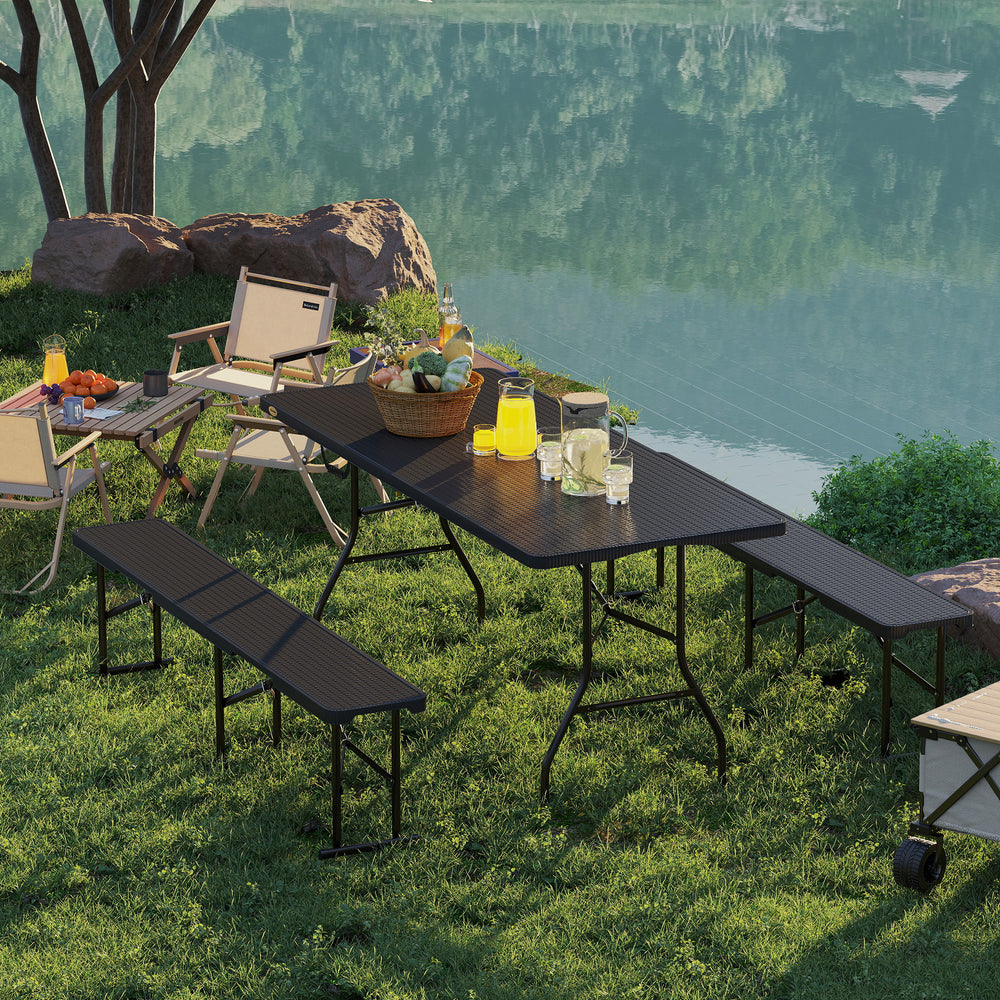 6FT 3PCS Faux Rattan Outdoor Camping Table Bench Set with Carrying Handles, Folding Picnic Table with 2 Benches, Black