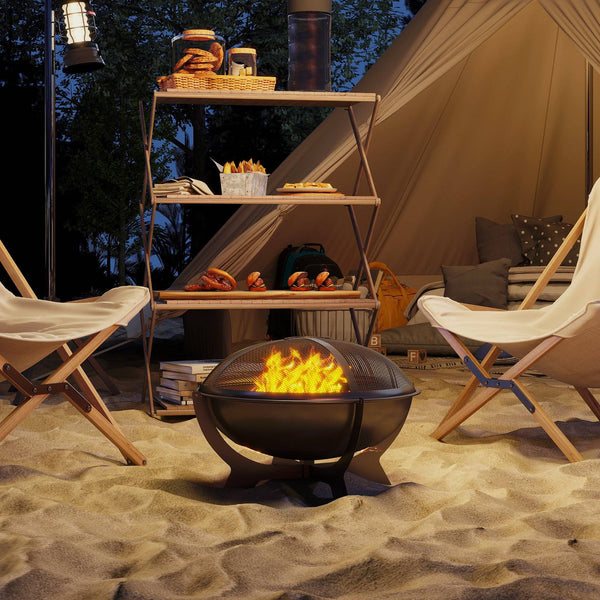 Outdoor Wood Burning Fire Pit with Poker, Portable Bonfire Pit, Black