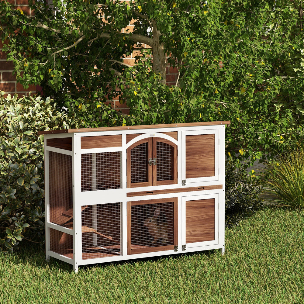 Two-tier wooden hutch with opening roof and pull-out tray