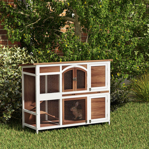 Two-tier wooden hutch with opening roof and pull-out tray