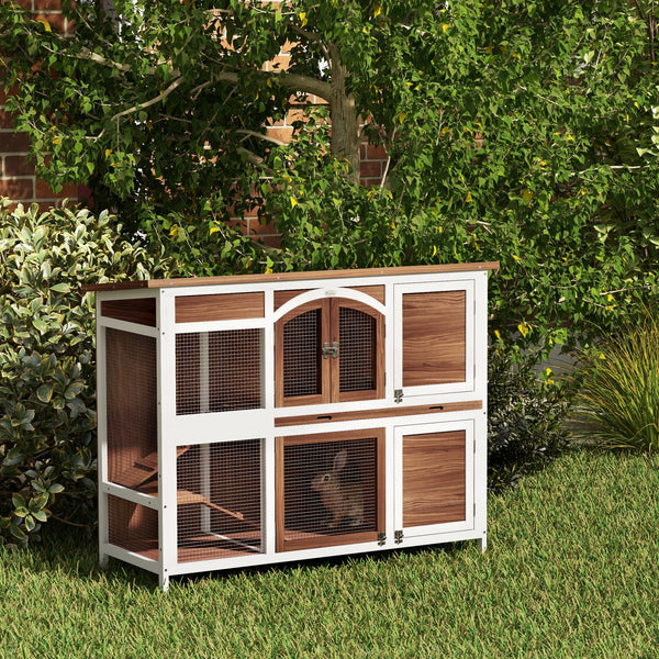 Two-tier wooden hutch with opening roof and pull-out tray