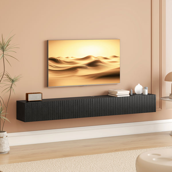 Floating wall-mounted TV unit for TVs up to 72 inches with 2 fluted drop-down doors, black