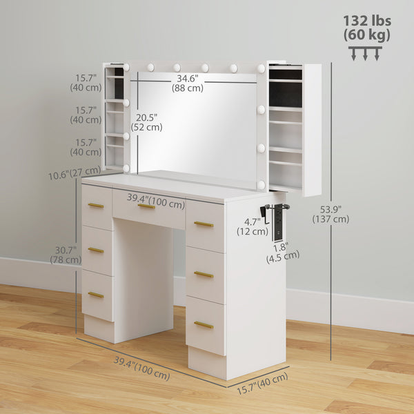 Dressing table with lighting, 7 drawers and 6 storage compartments, white