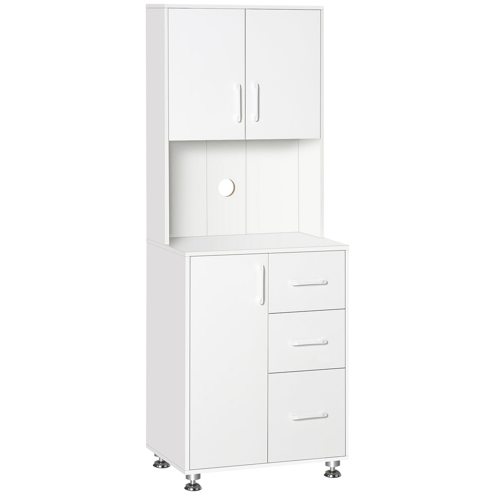 Storage unit with 2 cupboards, 3 drawers and open worktop, white
