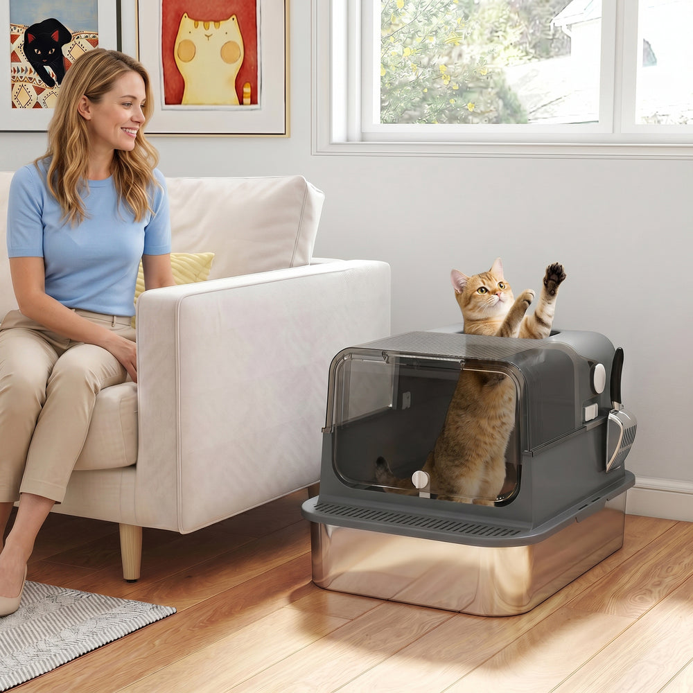 XXL stainless steel enclosed litter box, black