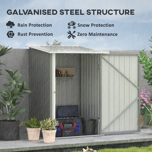 Lean-to garden shed in galvanized steel with lockable door, grey