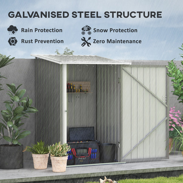 Lean-to garden shed in galvanized steel with lockable door, grey