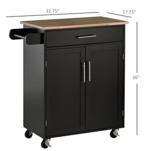 Rolling kitchen cart with wooden top, black