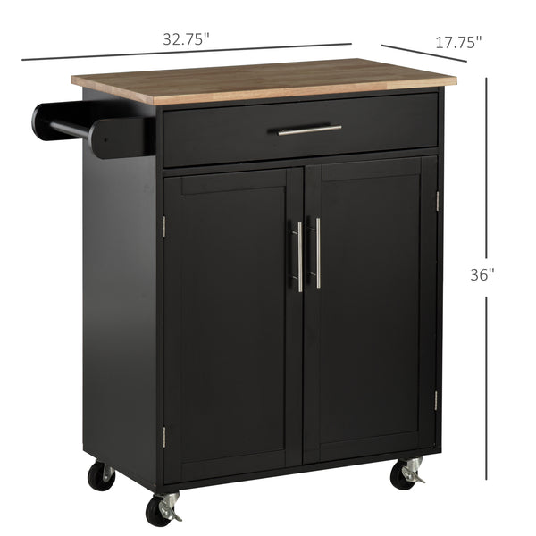Rolling kitchen cart with wooden top, black
