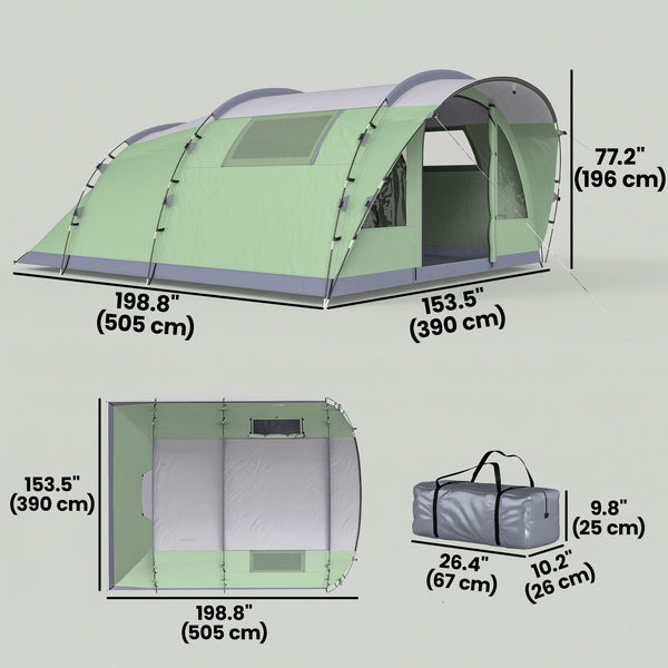 5-Person Multi-Room Camping Tent, Easy Setup with 4 Windows and Porch, Light Green