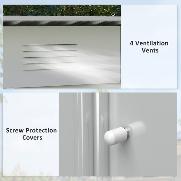 Metal garden shed with lockable sliding doors and ventilation