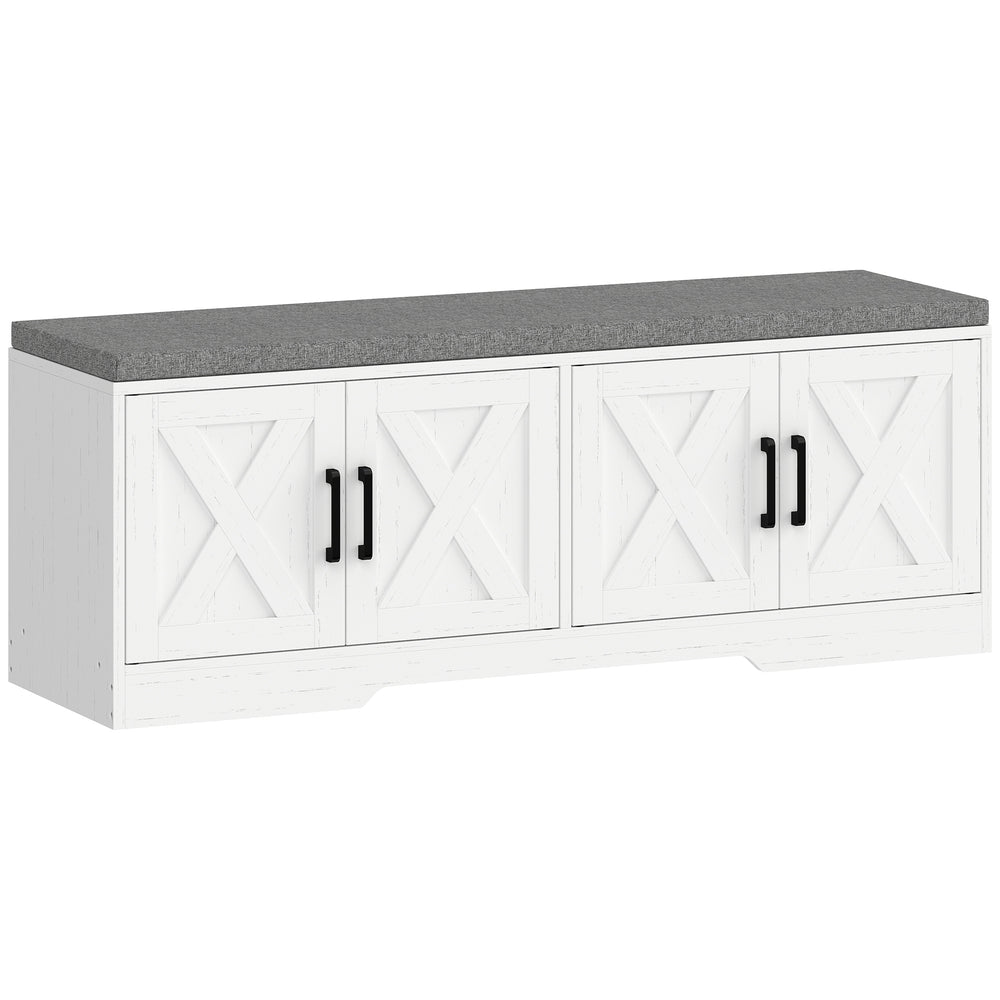 Shoe Bench with Cushion, Doors and Adjustable Shelves for Entryway, White