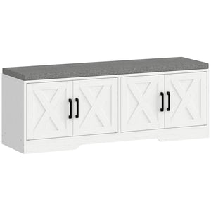 Shoe Bench with Cushion, Doors and Adjustable Shelves for Entryway, White