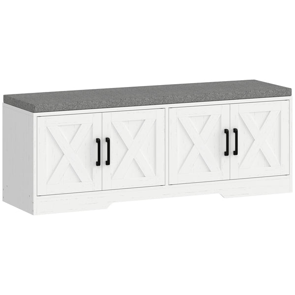 Shoe Bench with Cushion, Doors and Adjustable Shelves for Entryway, White
