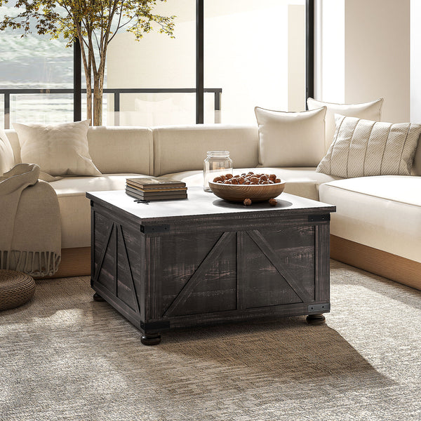 Farmhouse style coffee table with hinged lids, distressed brown