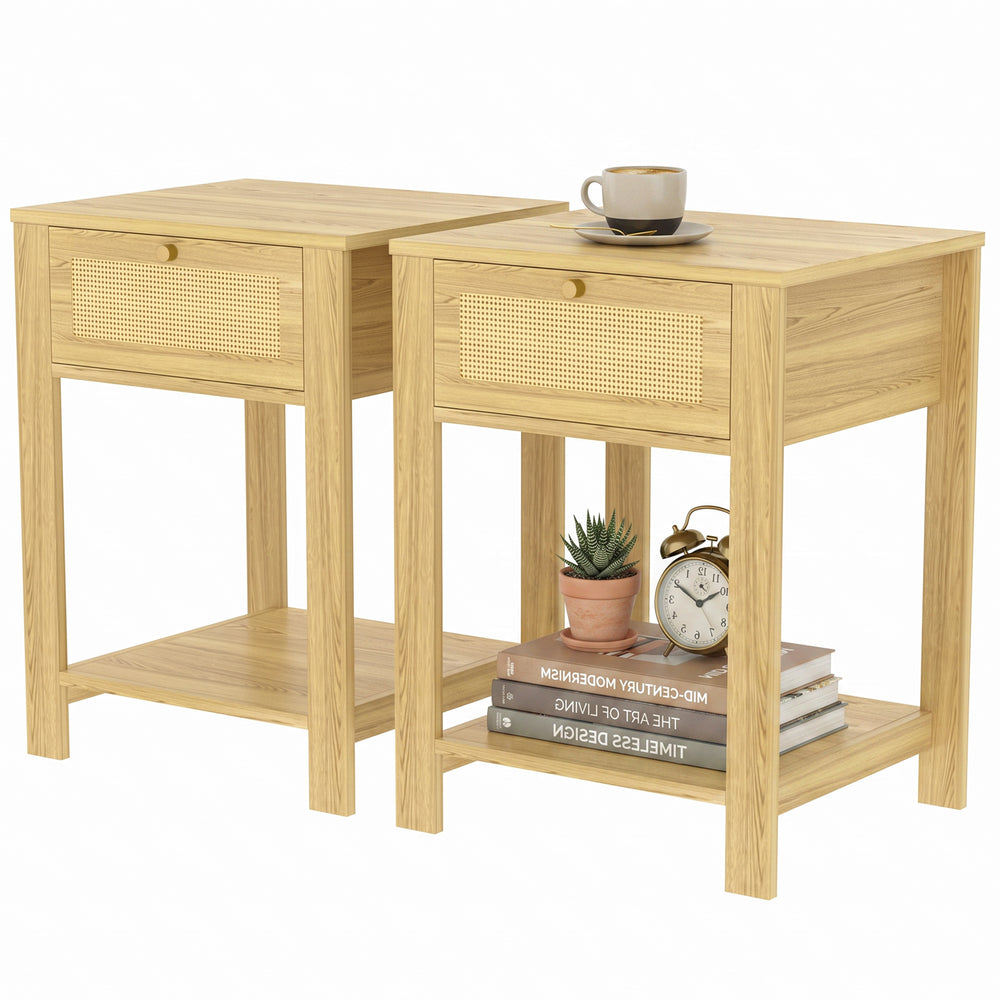 Side Tables with Drawer, Natural Wood Finish, Set of 2