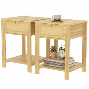 Side Tables with Drawer, Natural Wood Finish, Set of 2