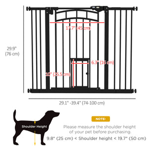 Self-closing pet gate with cat flap, black