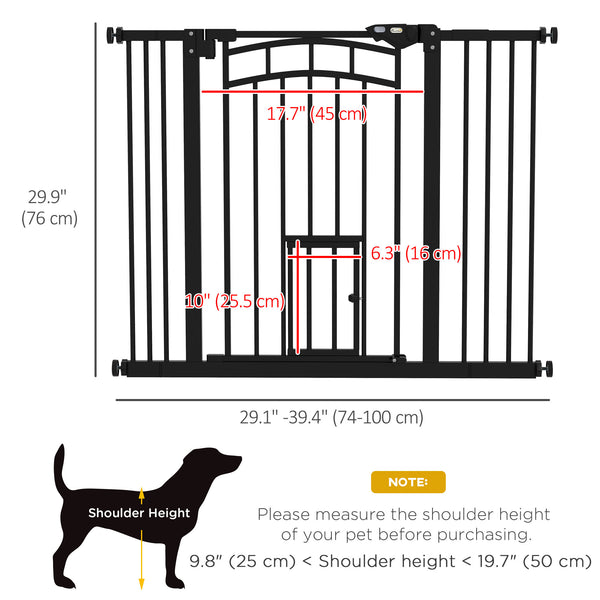 Self-closing pet gate with cat flap, black