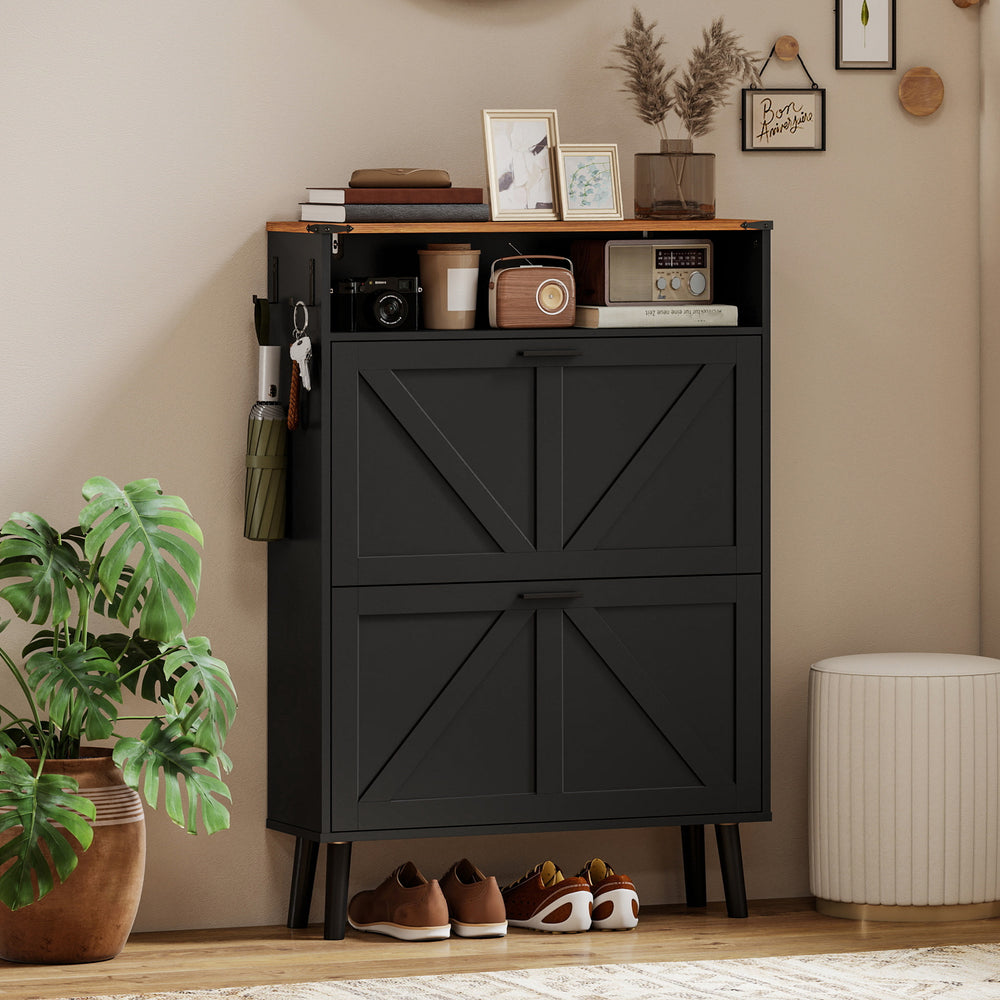 Shoe cabinet with 2 tilt-out drawers, country style, narrow, holds up to 16 pairs, black