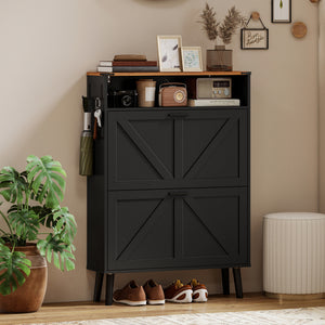 Shoe cabinet with 2 tilt-out drawers, country style, narrow, holds up to 16 pairs, black