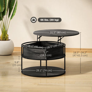 Round coffee table with storage shelf, aged dark gray