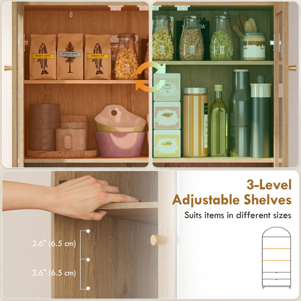 Tall oak-effect pantry with arched doors, drawers, and adjustable shelves