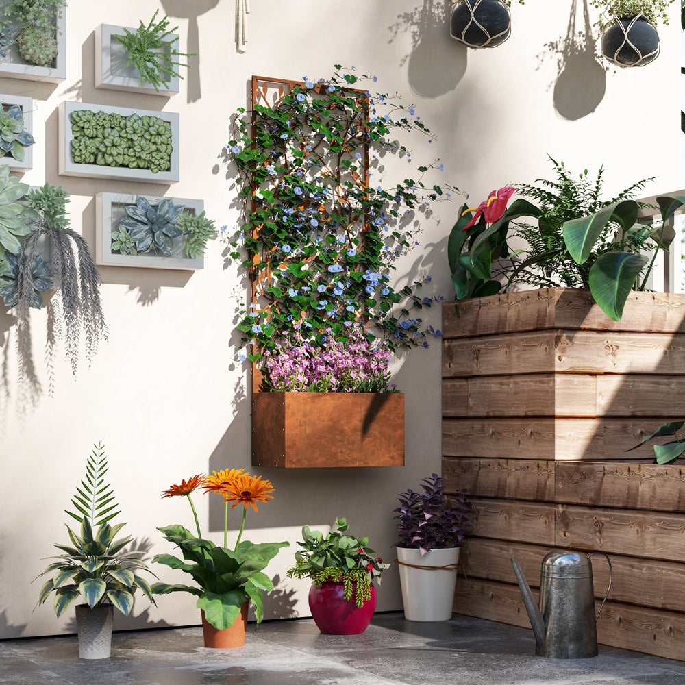 Raised planter with outdoor privacy screen, in metal with trellis, wall-mounted or freestanding, brown