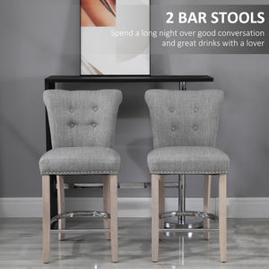 Set of 2 padded bar stools with tufted backrest, grey