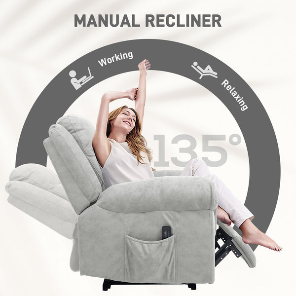 Manual reclining chair with vibration massage, side pockets, in grey microfiber