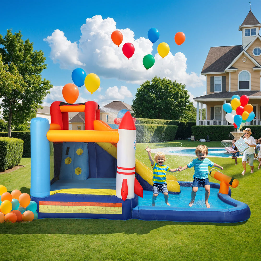 5-in-1 inflatable castle for children with 550W blower, paddling pool, jumping area, climbing wall and cannon