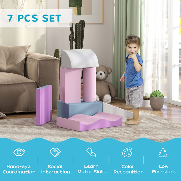 Set of 7 modular soft foam climbing blocks for children, pink/purple