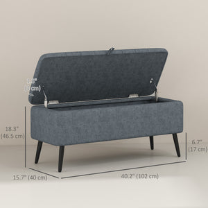 Linen Upholstered Storage Ottoman Bench with Steel Legs, Dark Grey