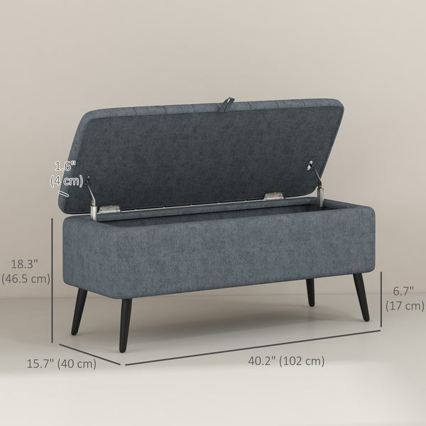Linen Upholstered Storage Ottoman Bench with Steel Legs, Dark Grey