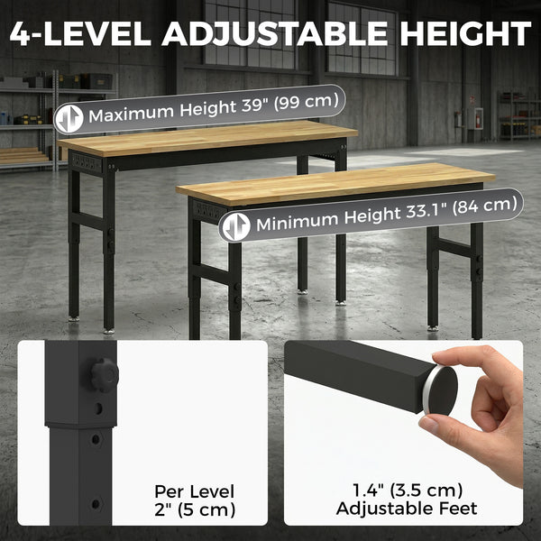 Height-adjustable heavy-duty workbench with power outlets, USB ports, and tool pegboard – Natural wood and black