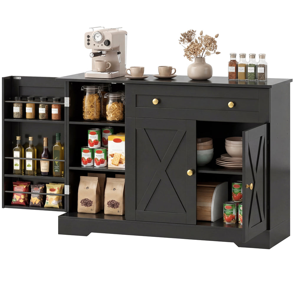 Farmhouse Coffee Bar Cabinet with Doors, Adjustable Shelves, Drawer, Sliding Barn Doors, Black