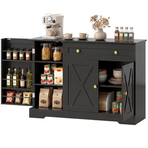 Farmhouse Coffee Bar Cabinet with Doors, Adjustable Shelves, Drawer, Sliding Barn Doors, Black