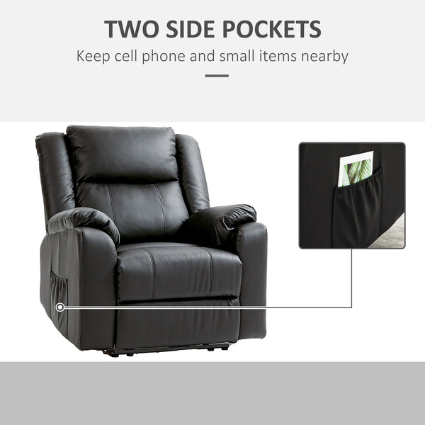 Faux Leather Recliner Chair with Footrest and 2 Side Pockets, Black