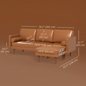 Faux Leather Sectional Sofa with Ottoman and 2 Bolster Cushions, Brown