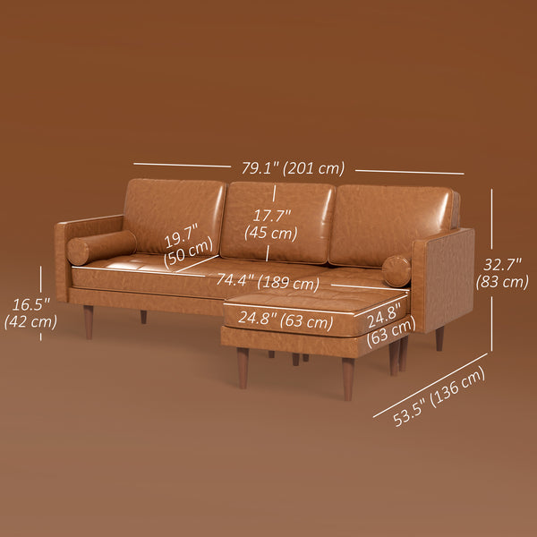 Faux Leather Sectional Sofa with Ottoman and 2 Bolster Cushions, Brown