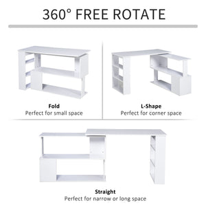 47" L-shaped corner desk, 360° rotating, reversible, with storage shelf, white