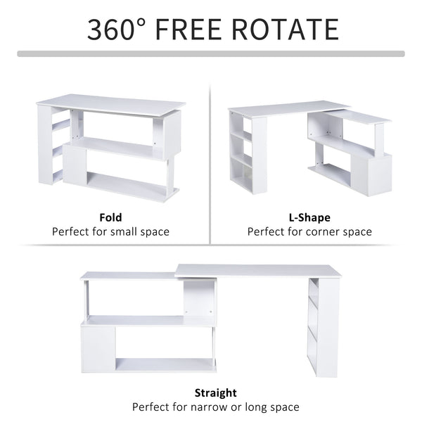 47" L-shaped corner desk, 360° rotating, reversible, with storage shelf, white